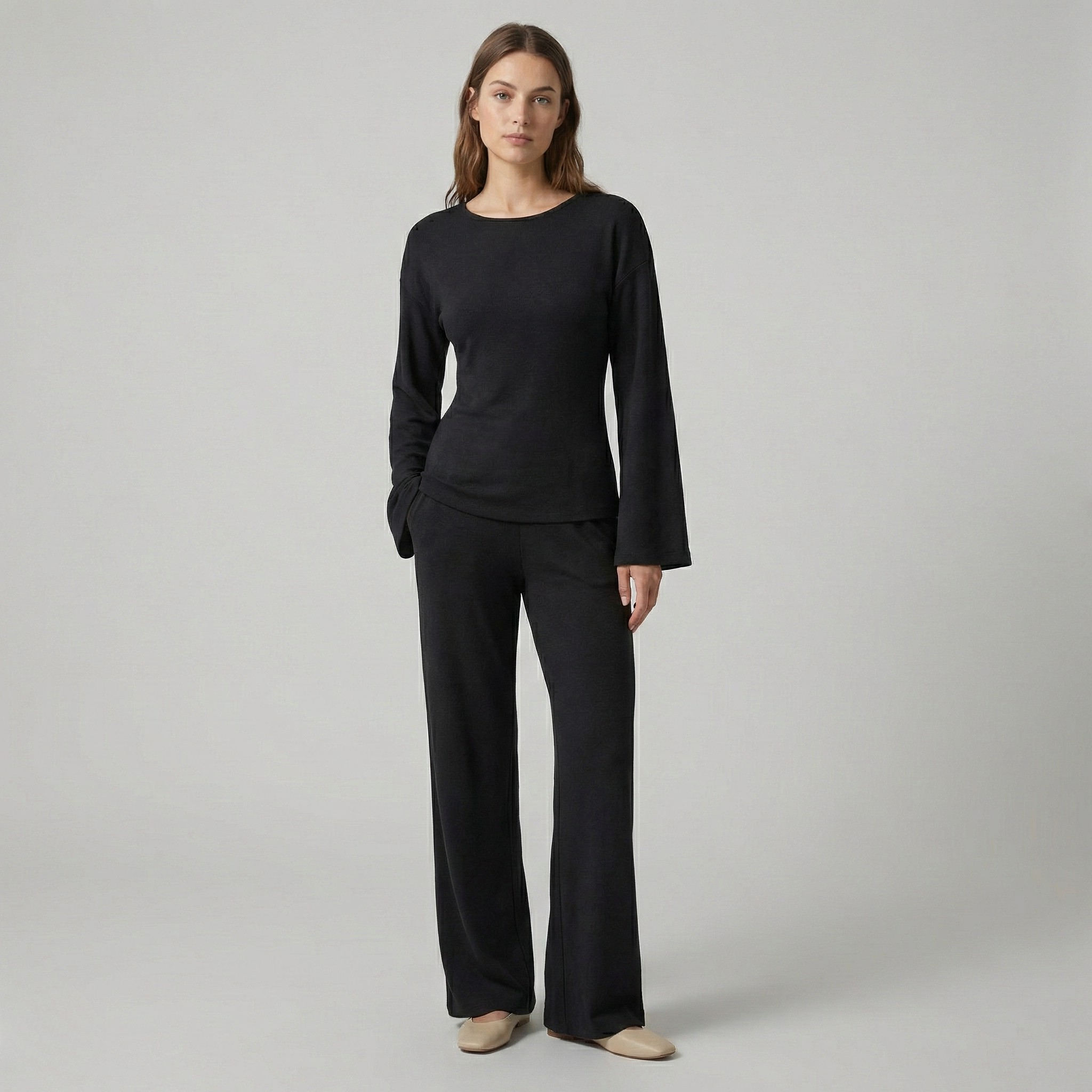 Flare Sleeve Round Neck Top and Bottom Set - Casual Cotton Loungewear for Women