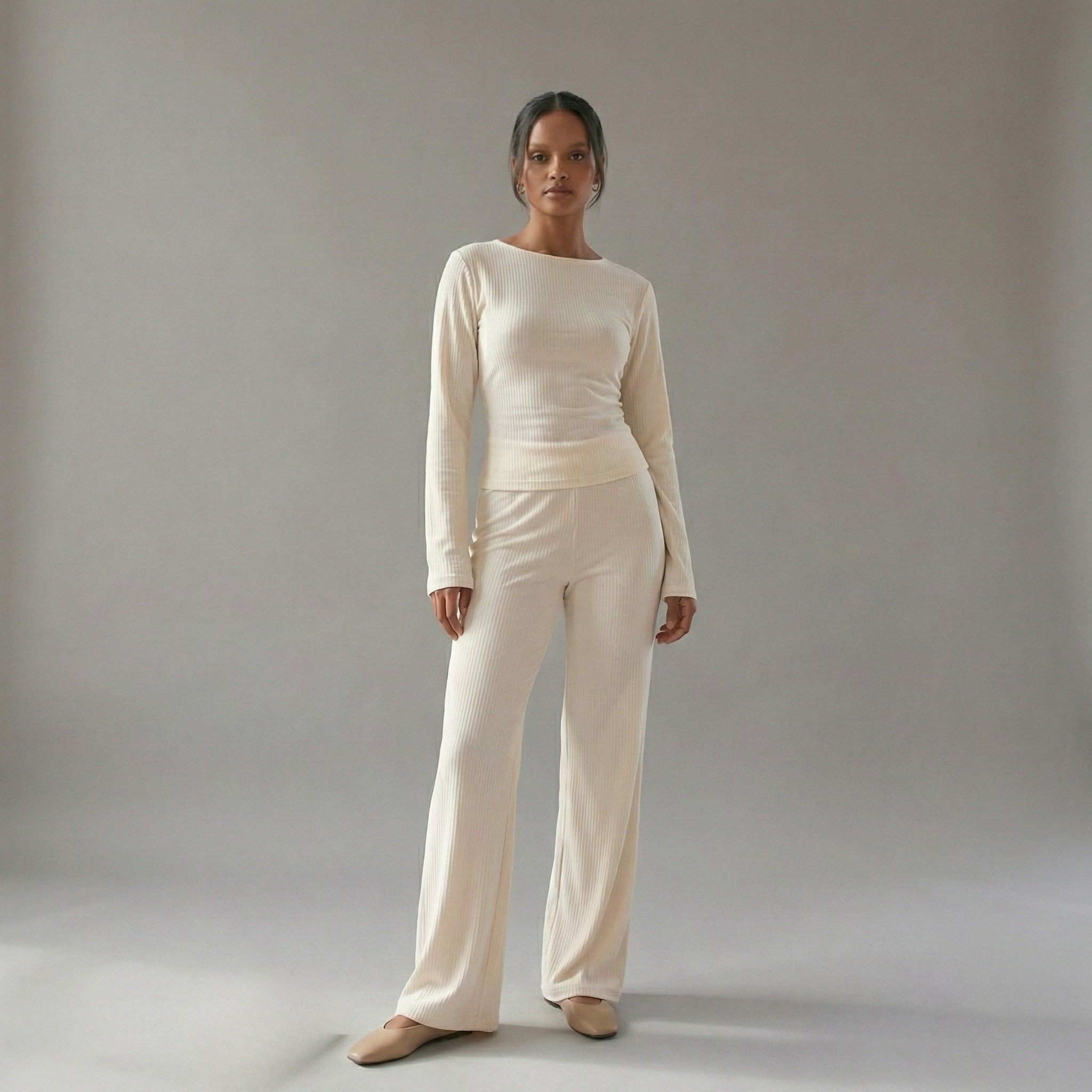 Flare Sleeve Round Neck Top and Bottom Set - Comfortable Casual Wear for Women