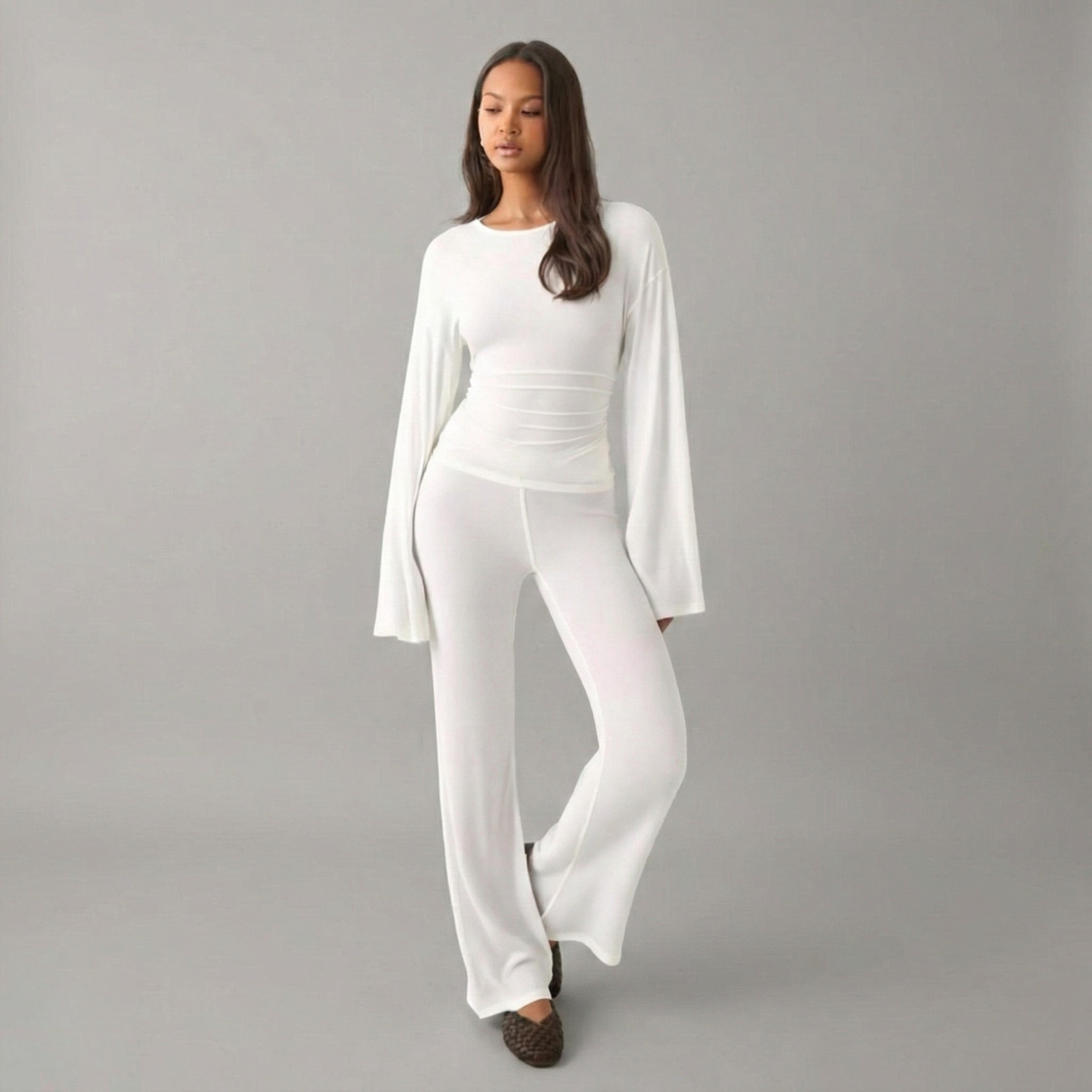 Flare Sleeve Round Neck Top and Bottom Set - Comfortable Casual Wear for Women