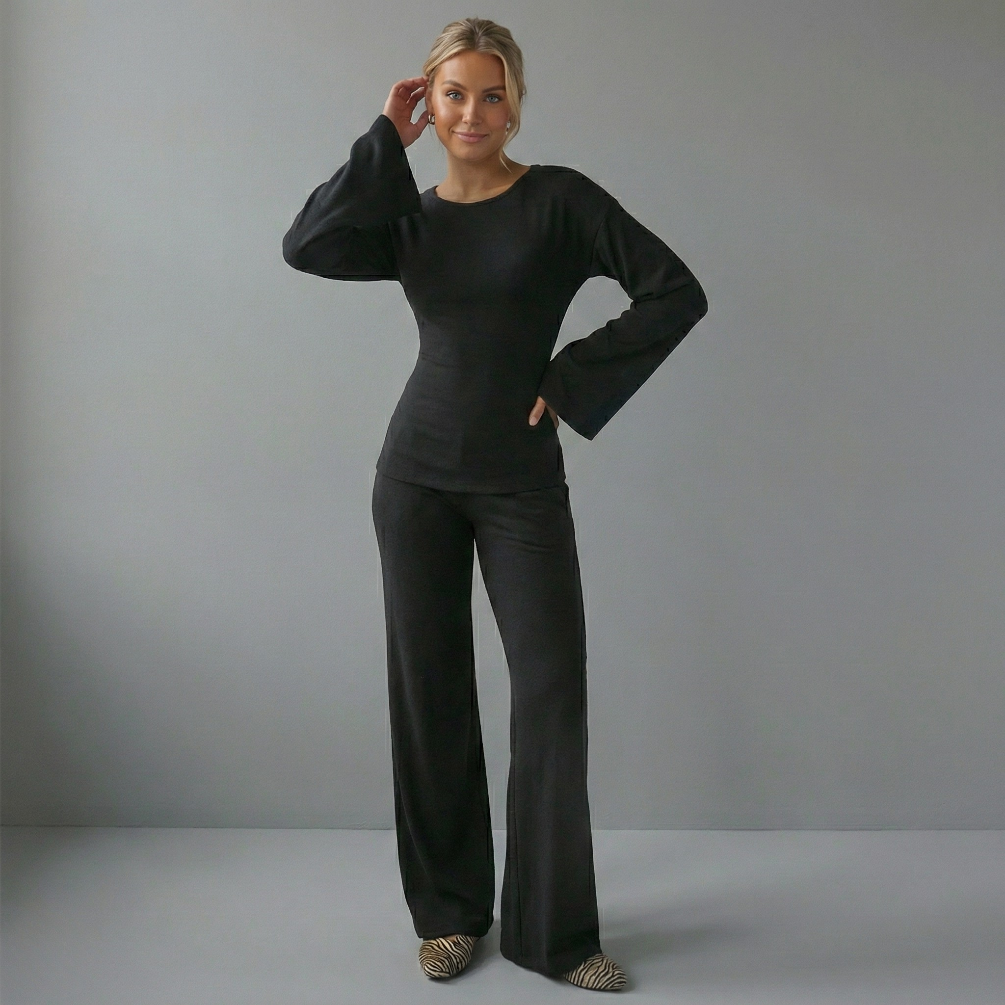 Flare Sleeve Round Neck Top and Bottom Set - Comfortable Casual Wear for Women