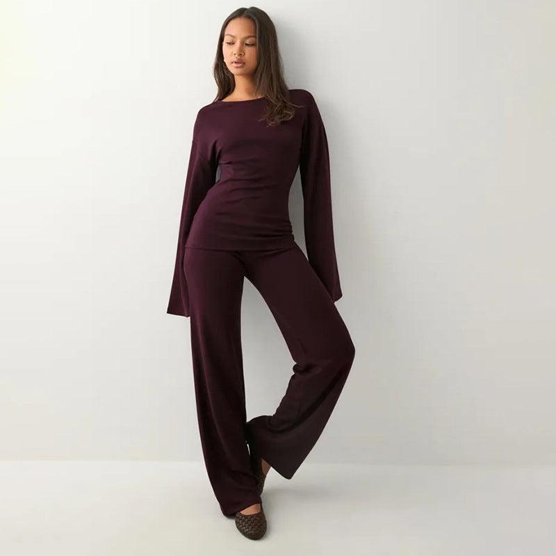 Flare Sleeve Round Neck Top and Bottom Set - Comfortable Casual Wear for Women