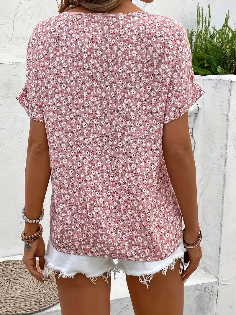 Floral Button-Front Blouse for Women | Notched Neckline | Short Sleeves | Casual Wear Top