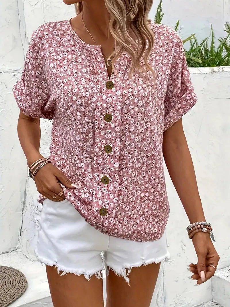 Floral Button-Front Blouse for Women | Notched Neckline | Short Sleeves | Casual Wear Top