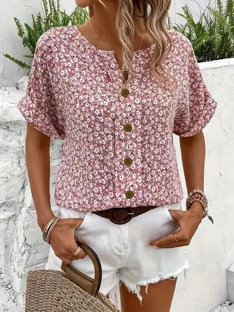 Floral Button-Front Blouse for Women | Notched Neckline | Short Sleeves | Casual Wear Top