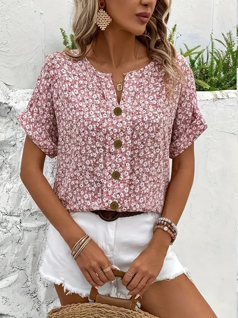 Floral Button-Front Blouse for Women | Notched Neckline | Short Sleeves | Casual Wear Top
