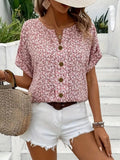 Floral Button-Front Blouse for Women | Notched Neckline | Short Sleeves | Casual Wear Top
