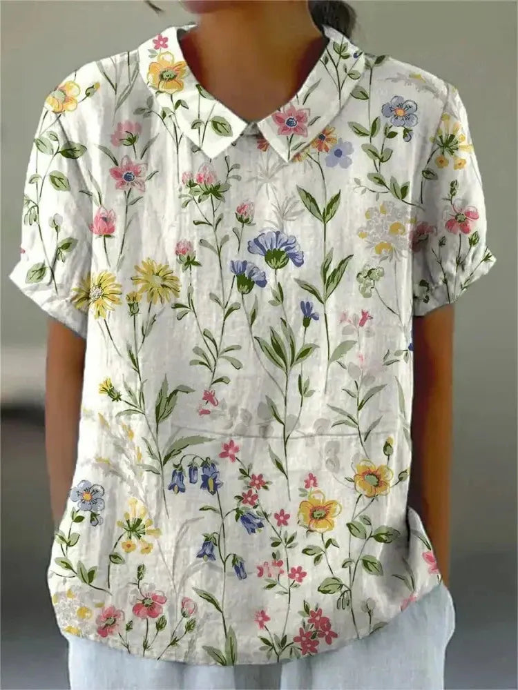 Floral Collared Blouse for Women - Short Gathered Sleeves, Straight Hem - Casual Wear Top