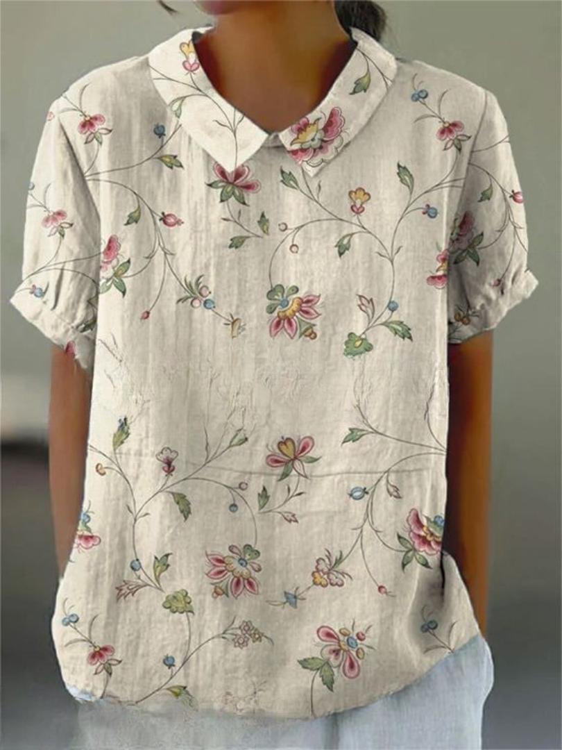 Floral Collared Blouse for Women - Short Gathered Sleeves, Straight Hem - Casual Wear Top