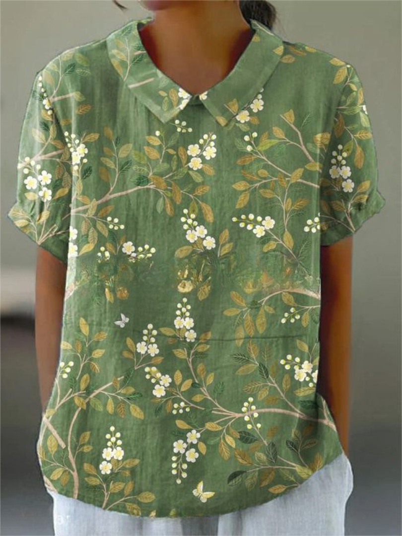Floral Collared Blouse for Women - Short Gathered Sleeves, Straight Hem - Casual Wear Top