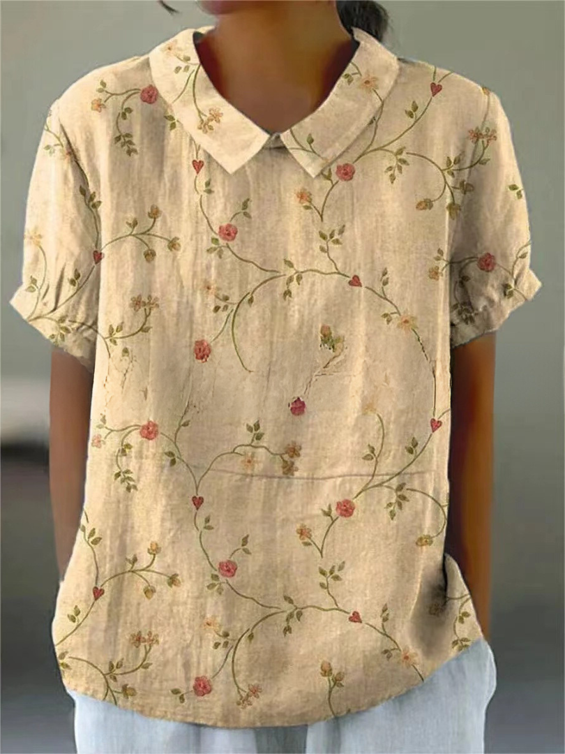 Floral Collared Blouse for Women - Short Gathered Sleeves, Straight Hem - Casual Wear Top
