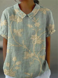 Floral Collared Blouse for Women - Short Gathered Sleeves, Straight Hem - Casual Wear Top