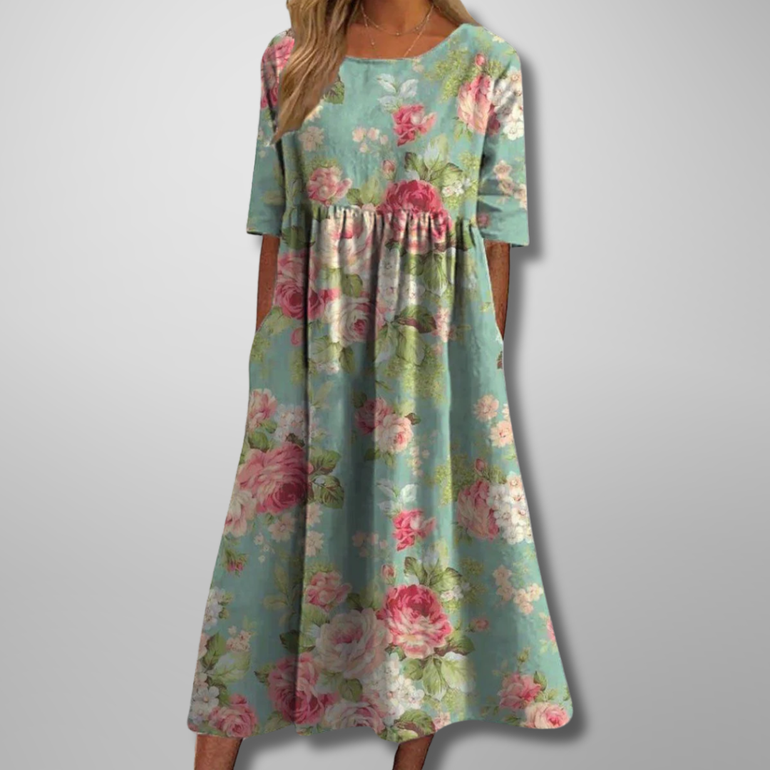 Floral Maxi Dress for Women - Short Sleeve, Round Neck, Gathered Waist - Perfect for Casual Wear and Summer Events