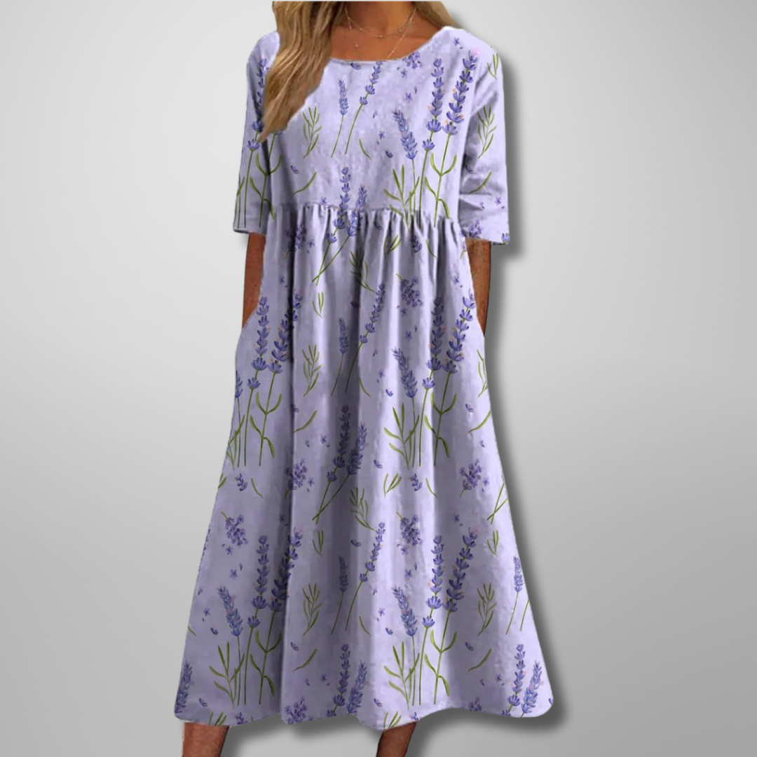 Floral Maxi Dress for Women - Short Sleeve, Round Neck, Gathered Waist - Perfect for Casual Wear and Summer Events
