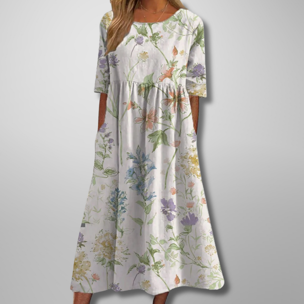 Floral Maxi Dress for Women - Short Sleeve, Round Neck, Gathered Waist - Perfect for Casual Wear and Summer Events