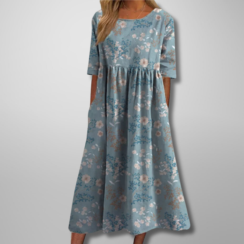Floral Maxi Dress for Women - Short Sleeve, Round Neck, Gathered Waist - Perfect for Casual Wear and Summer Events