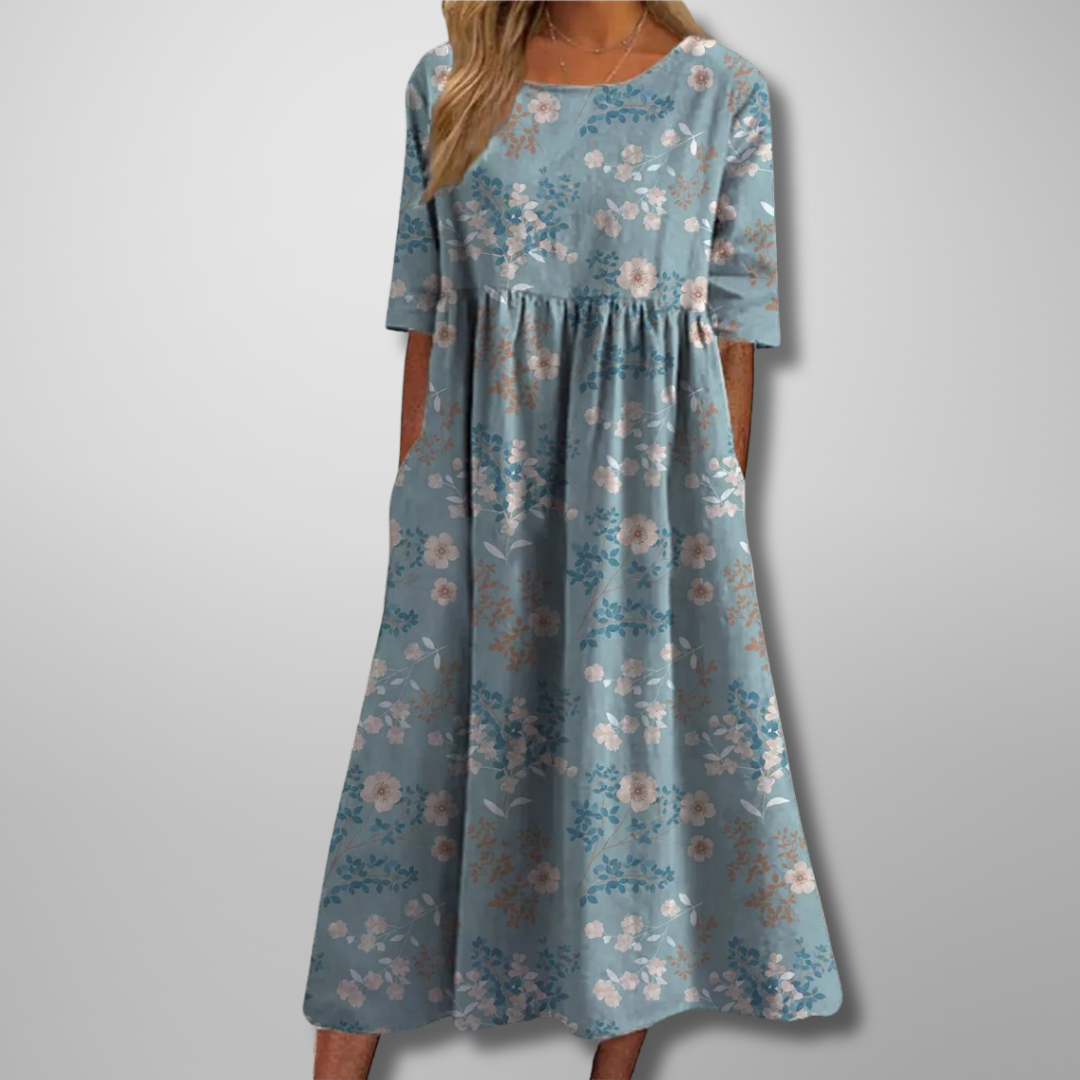Floral Maxi Dress for Women - Short Sleeve, Round Neck, Gathered Waist - Perfect for Casual Wear and Summer Events
