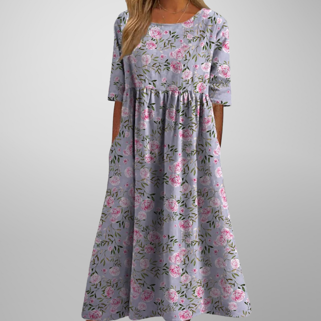 Floral Maxi Dress for Women - Short Sleeve, Round Neck, Gathered Waist - Perfect for Casual Wear and Summer Events
