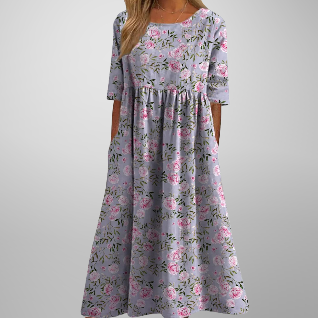 Floral Maxi Dress for Women - Short Sleeve, Round Neck, Gathered Waist - Perfect for Casual Wear and Summer Events