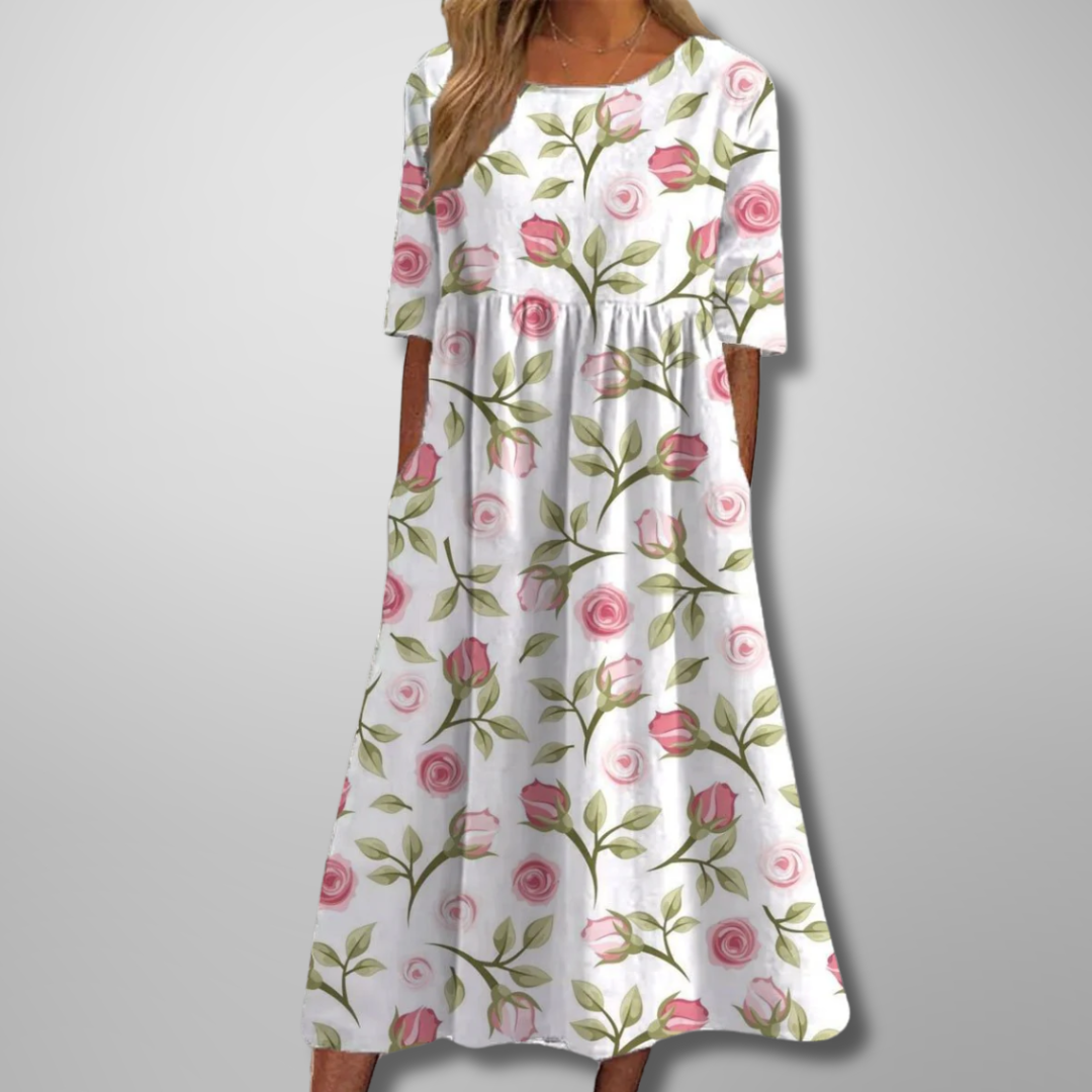 Floral Maxi Dress for Women - Short Sleeve, Round Neck, Gathered Waist - Perfect for Casual Wear and Summer Events
