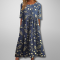 Floral Maxi Dress for Women - Short Sleeve, Round Neck, Gathered Waist - Perfect for Casual Wear and Summer Events