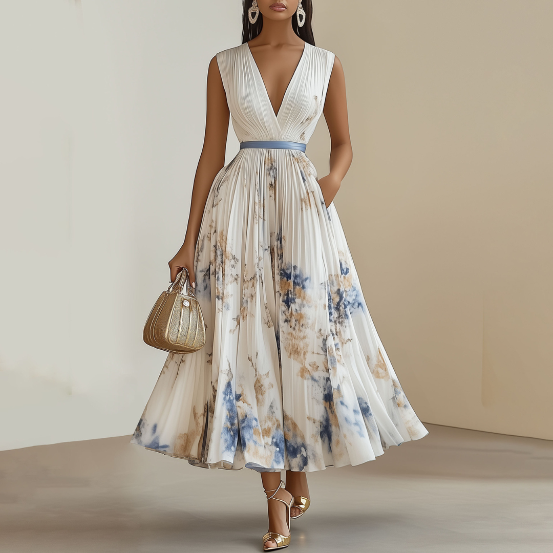 Floral Print Women's Ceremony Dress in Blue and White - Elegant Midi Dress for Weddings and Special Events