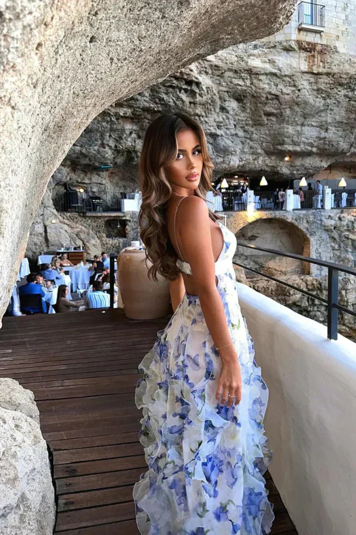 Floral Summer Dress for Women - Deep V-Neckline, Lightweight Fabric, Casual Wear, Perfect for Beach or Garden Events