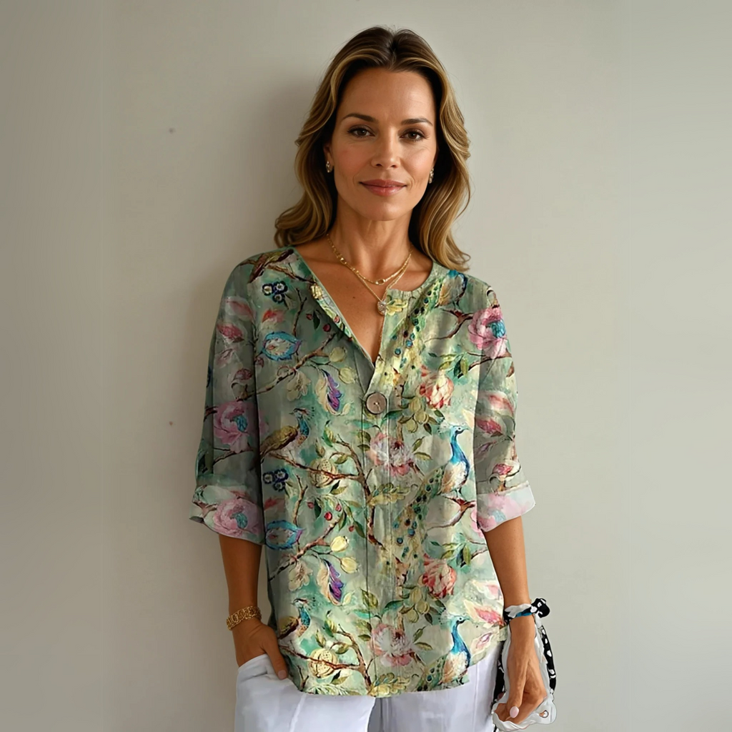 Floral V-Neck Blouse for Women - Button Closure, Half-Length Sleeves - Casual Wear Top