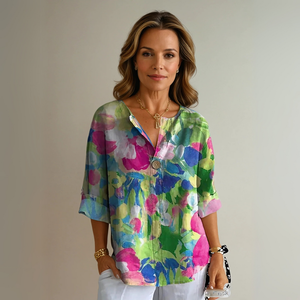 Floral V-Neck Blouse for Women - Button Closure, Half-Length Sleeves - Casual Wear Top