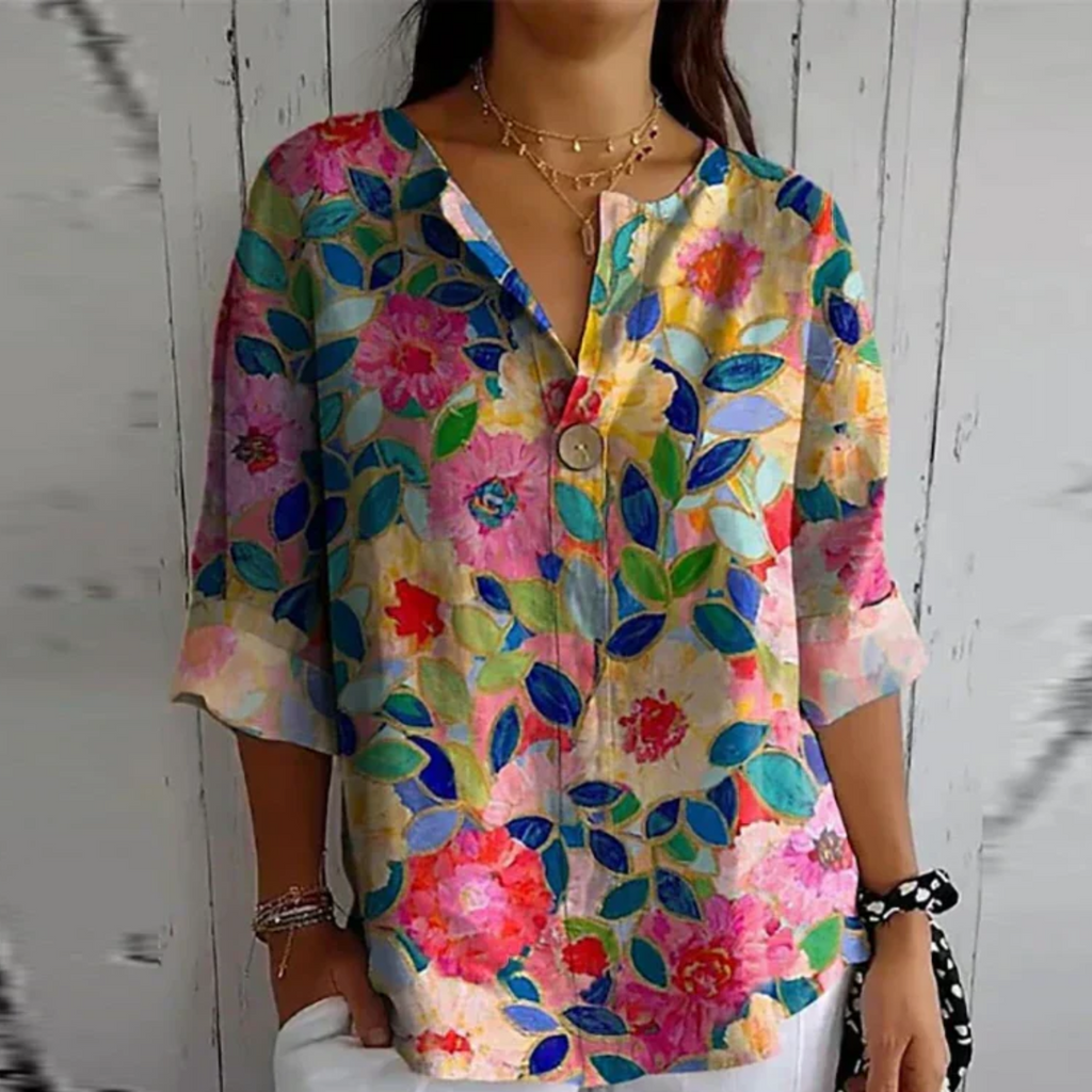 Floral V-Neck Blouse for Women - Button Closure, Half-Length Sleeves - Casual Wear Top