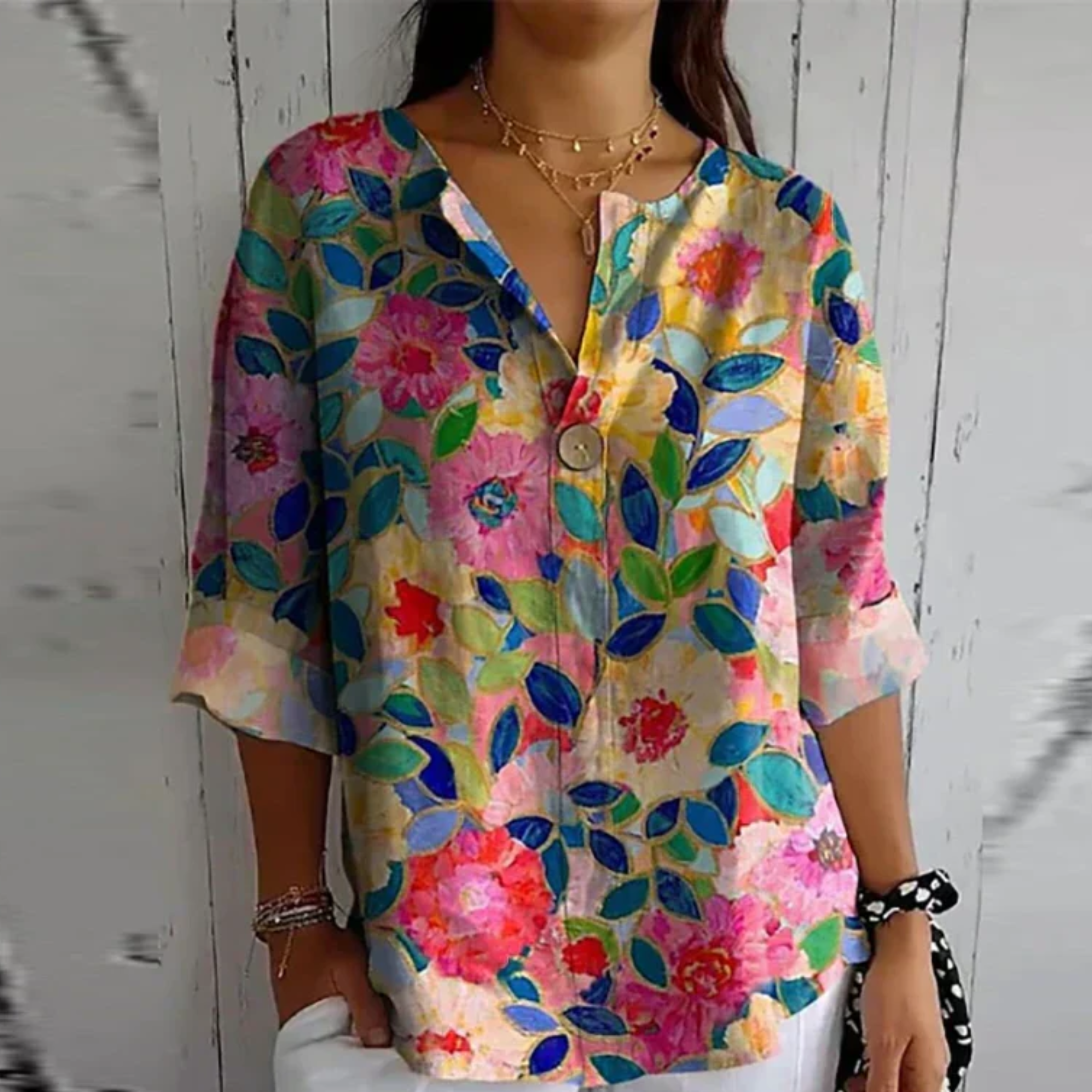 Floral V-Neck Blouse for Women - Button Closure, Half-Length Sleeves - Casual Wear Top