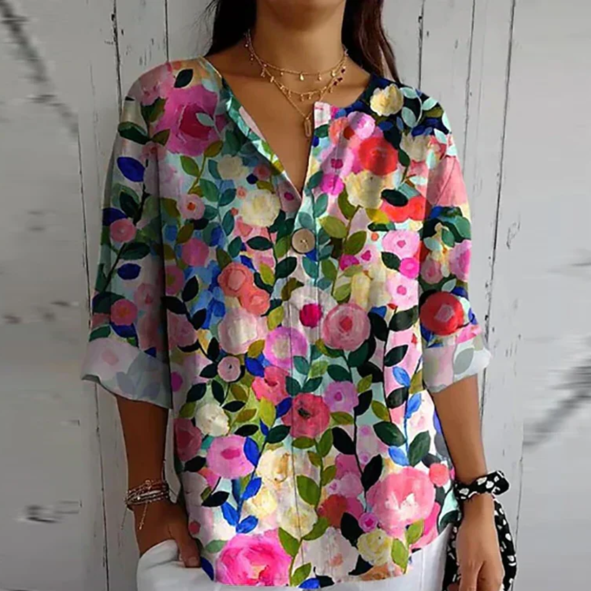 Floral V-Neck Blouse for Women - Button Closure, Half-Length Sleeves - Casual Wear Top