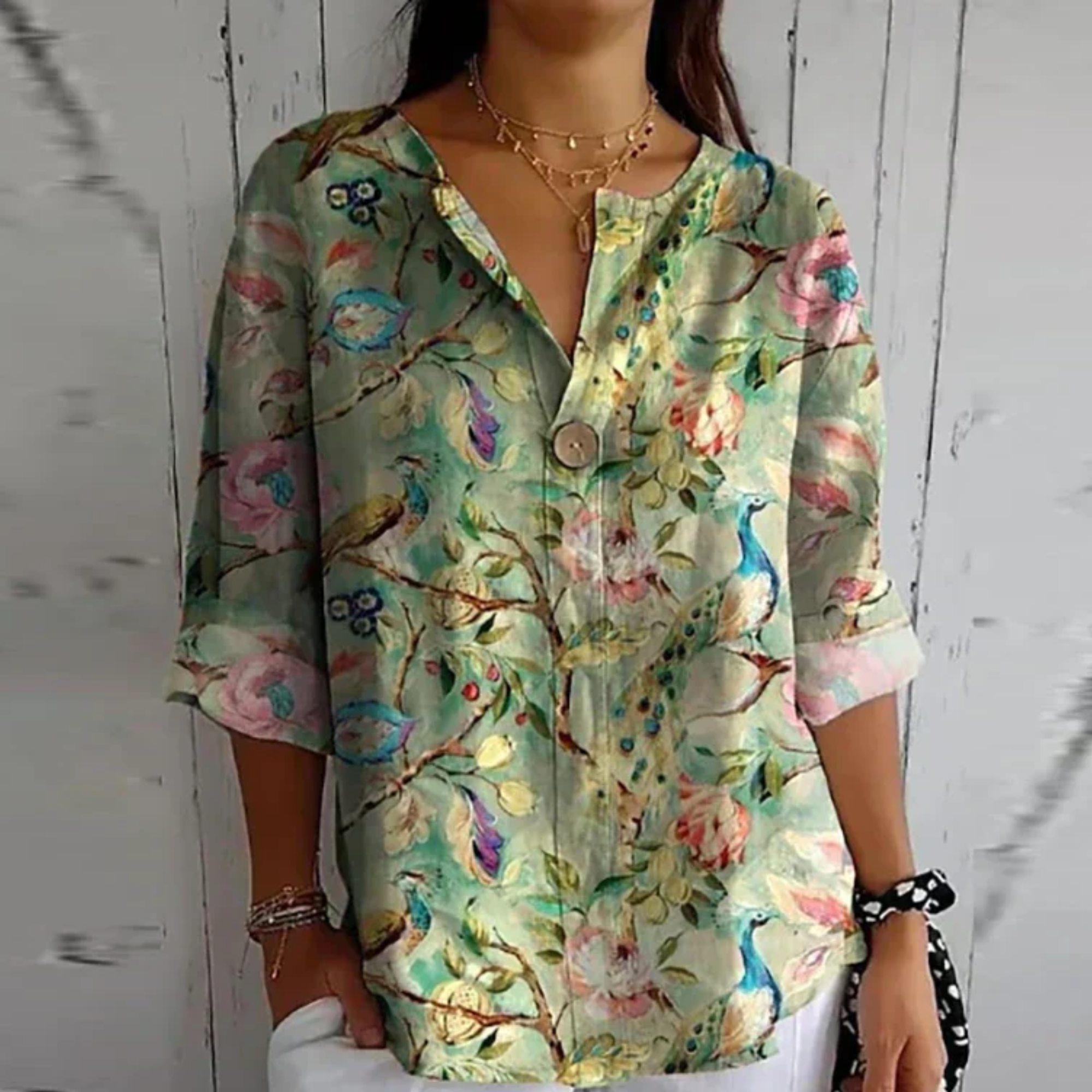 Floral V-Neck Blouse for Women - Button Closure, Half-Length Sleeves - Casual Wear Top