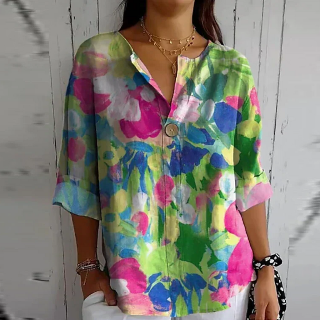 Floral V-Neck Blouse for Women - Button Closure, Half-Length Sleeves - Casual Wear Top