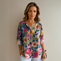 Floral V-Neck Blouse for Women - Button Closure, Half-Length Sleeves - Casual Wear Top