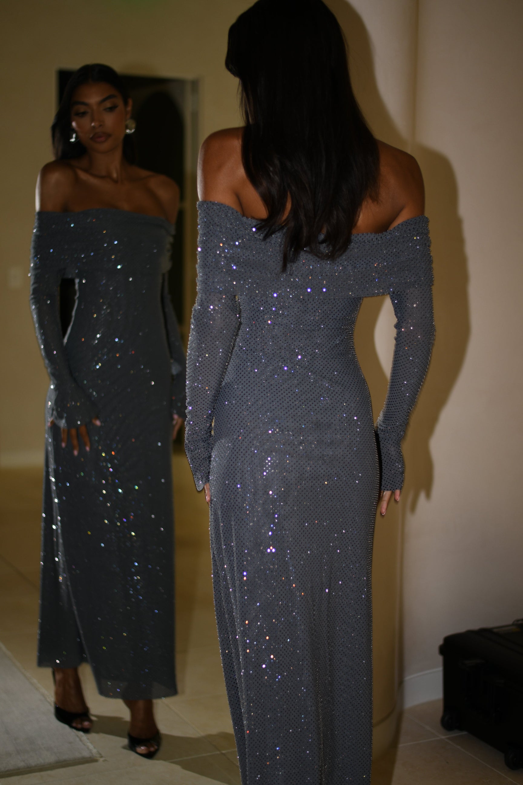 Glitter Maxi Dress for Women with Long Sleeves and Wrap Design for Evening Events