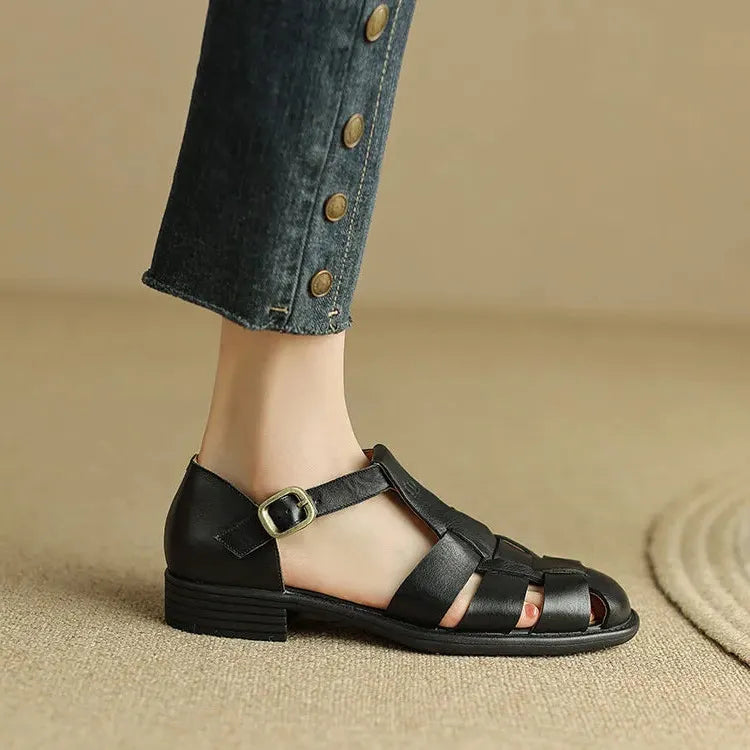 Italian Leather Flat Sandals for Women - Comfortable Summer Footwear with Adjustable Straps