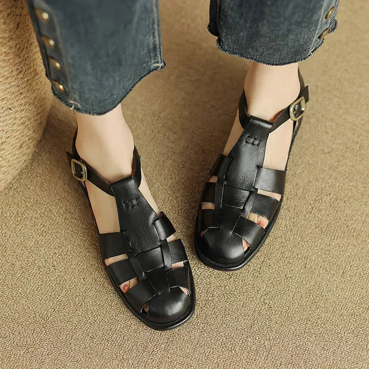 Italian Leather Flat Sandals for Women - Comfortable Summer Footwear with Adjustable Straps