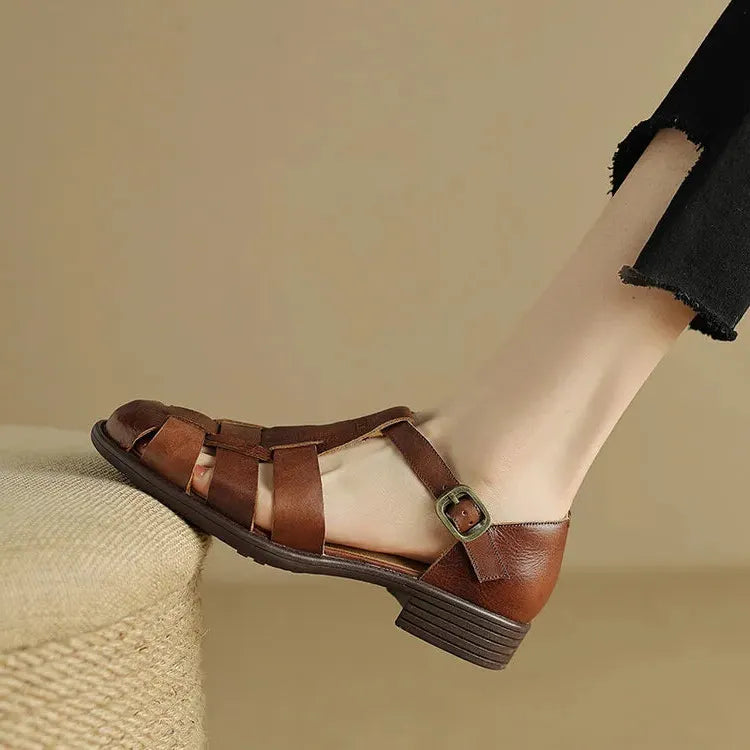 Italian Leather Flat Sandals for Women - Comfortable Summer Footwear with Adjustable Straps