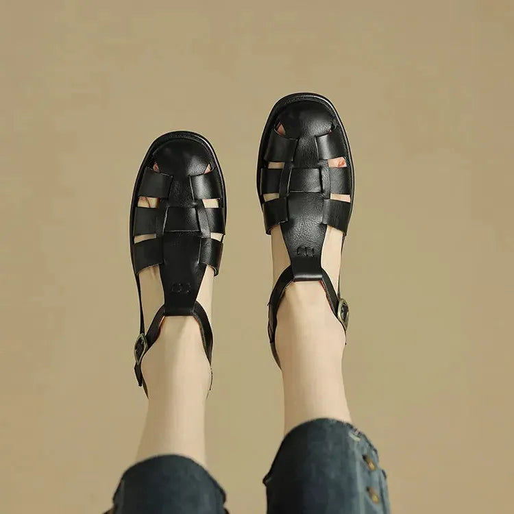 Italian Leather Flat Sandals for Women - Comfortable Summer Footwear with Adjustable Straps
