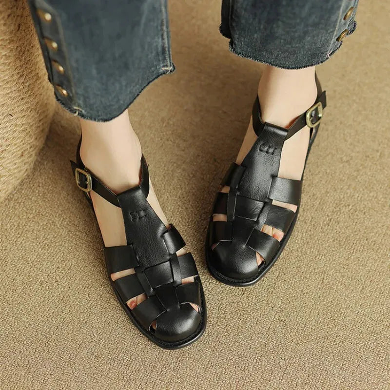 Italian Leather Flat Sandals for Women - Comfortable Summer Footwear with Adjustable Straps
