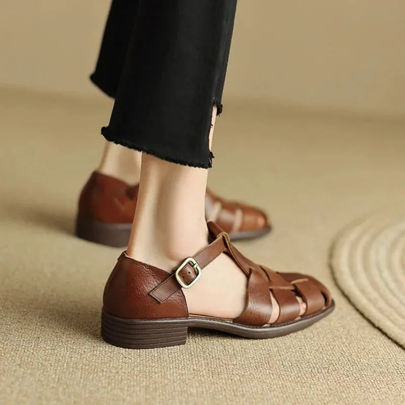 Italian Leather Flat Sandals for Women - Comfortable Summer Footwear with Adjustable Straps