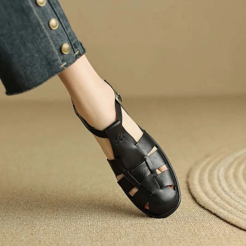 Italian Leather Flat Sandals for Women - Comfortable Summer Footwear with Adjustable Straps