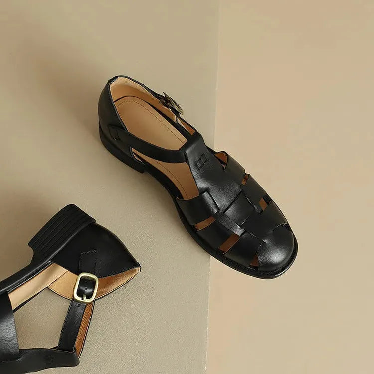 Italian Leather Flat Sandals for Women - Comfortable Summer Footwear with Adjustable Straps