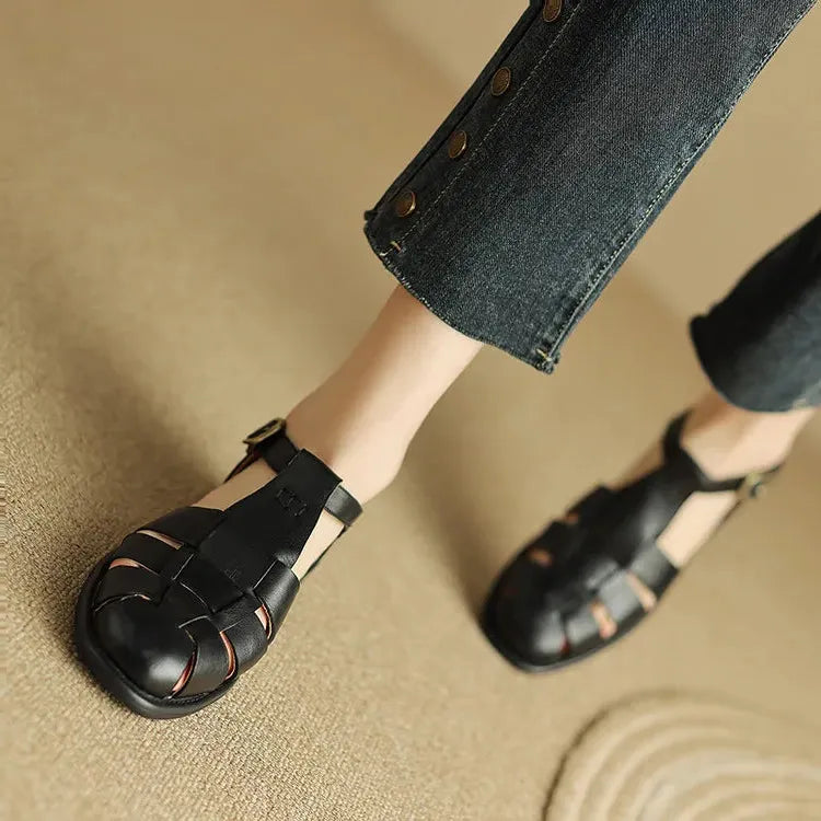 Italian Leather Flat Sandals for Women - Comfortable Summer Footwear with Adjustable Straps