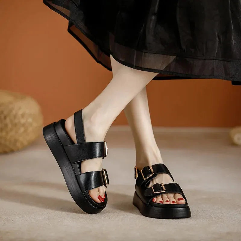 Italian Leather Platform Sandals for Women - Stylish Summer Footwear with Comfortable Elevation