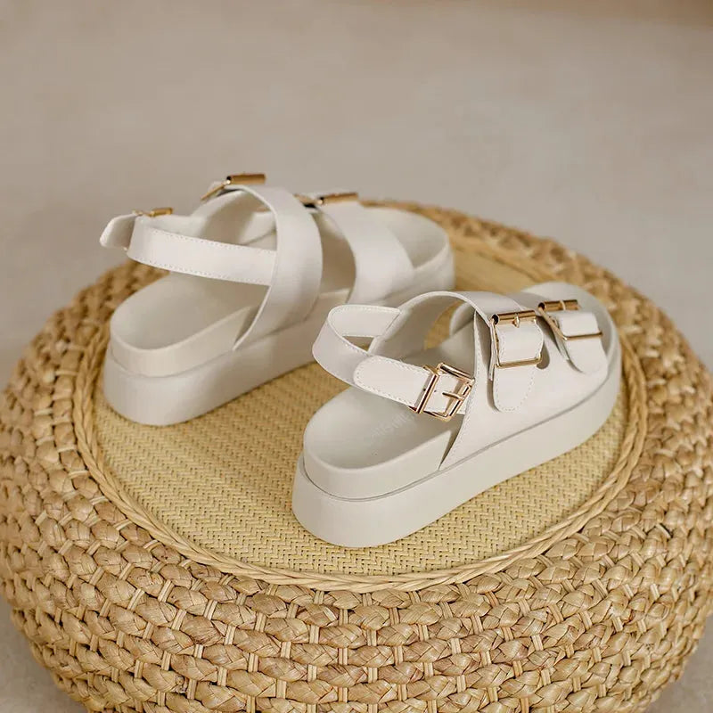 Italian Leather Platform Sandals for Women - Stylish Summer Footwear with Comfortable Elevation