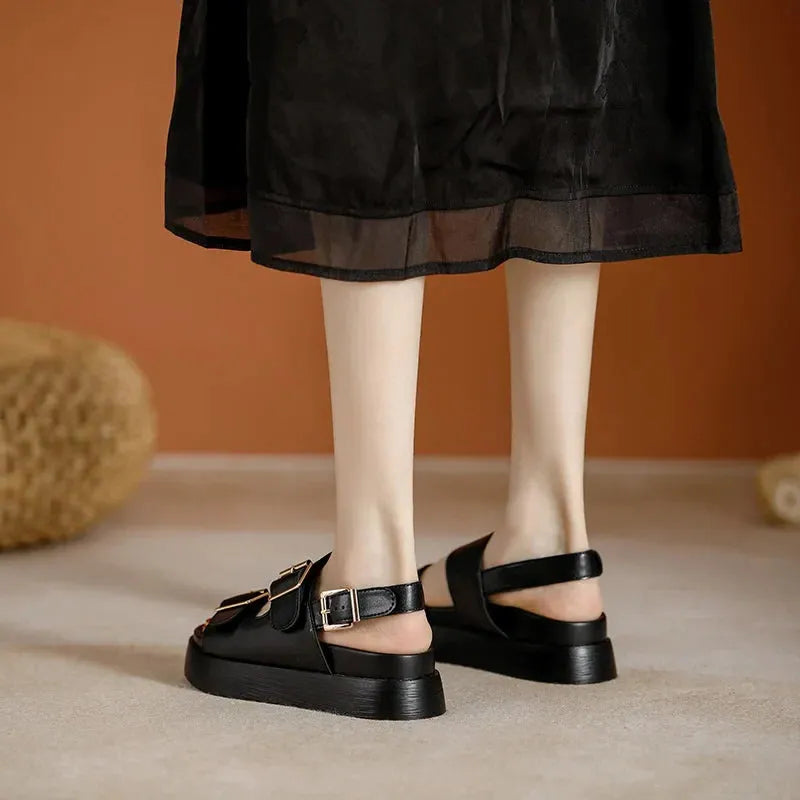 Italian Leather Platform Sandals for Women - Stylish Summer Footwear with Comfortable Elevation