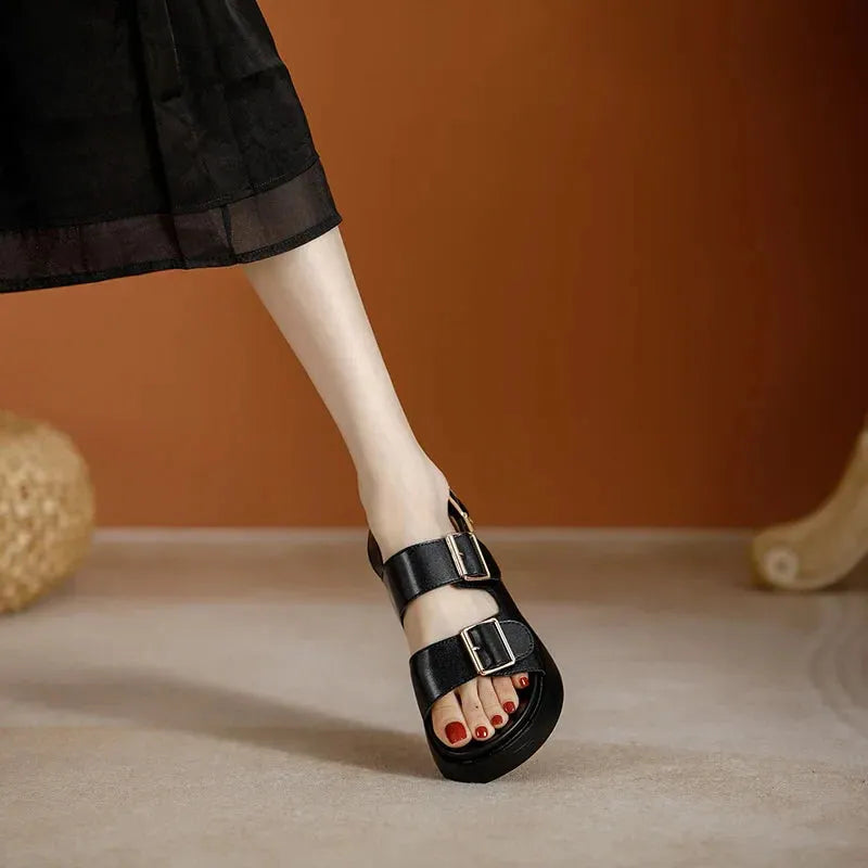 Italian Leather Platform Sandals for Women - Stylish Summer Footwear with Comfortable Elevation