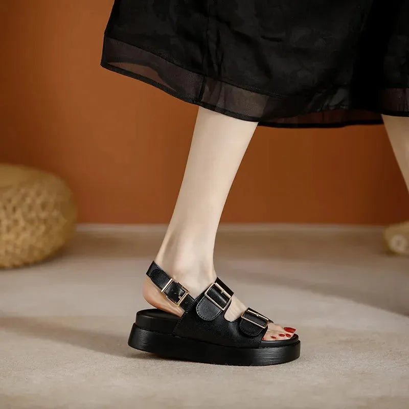 Italian Leather Platform Sandals for Women - Stylish Summer Footwear with Comfortable Elevation
