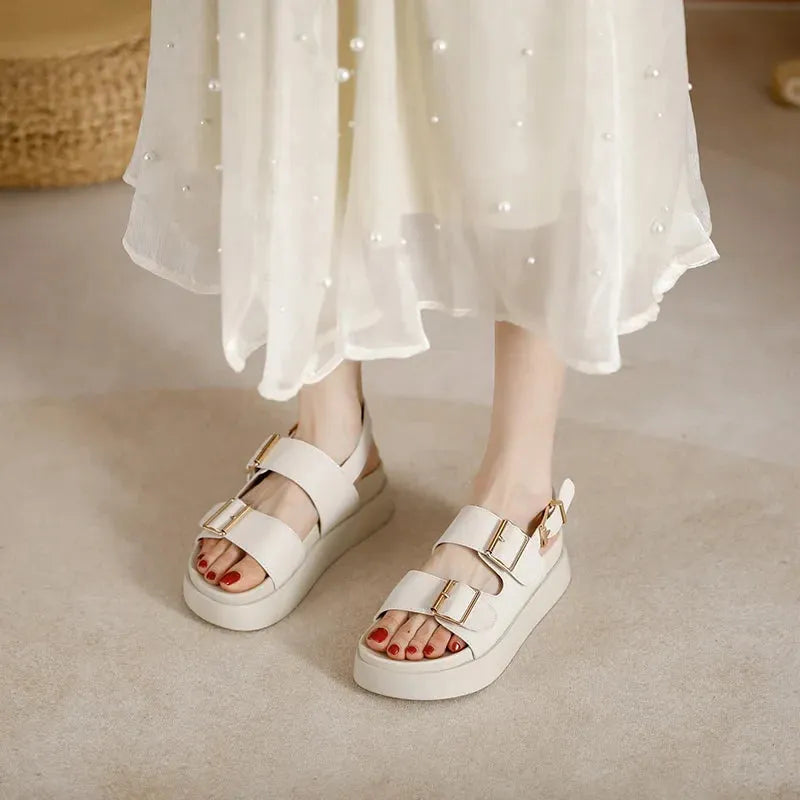 Italian Leather Platform Sandals for Women - Stylish Summer Footwear with Comfortable Elevation